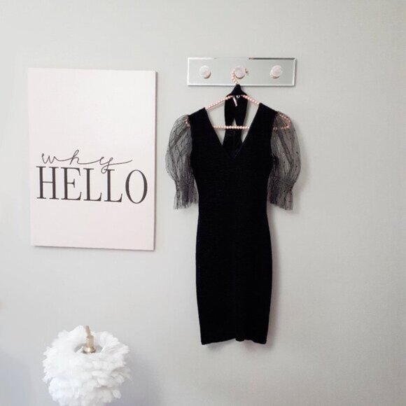 NWOT TFNC black & gold tulle sleeve choker velvet mini dress - Picture 7 of 13